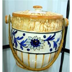 Japanese Porcelain Biscuit Jar With Woven Rattan Handle