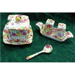 Chintz Jam Jar With Tray And Spoon, And Salt And Pepper With Tray, By Royal Cotswolds