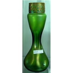 Loetz 10 Inch Pinched Green Iridescent Art Glass Vase, Ca. 1900