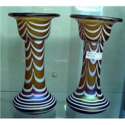 Pair Of 20th Century Art Glass Candlesticks With Ground Pontils, White Over Iridescent Amber