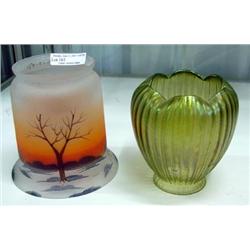 2 Glass Lampshades - Loetz Type Ribbed And Reverse Painted Winter Scene