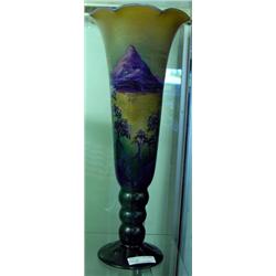 Large 15 Inch Aurene Vase With Hand Painted Mountain Scene - Thought To Be Early Fenton.