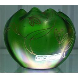 Loetz Green With Gold Overlay Rose Bowl, Ca. 1900