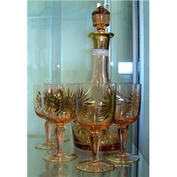 Hungarian Peach Glass With Gold Floral Decoration Decanter With 5 Stemmed Glasses