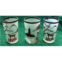 3 Acid Cut Tumblers With Oriental Motif, Ruby Over Frosted Glass - Sold Each