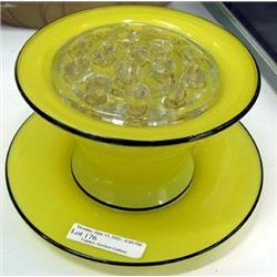 3 Piece Cased Glass, Yellow With Black Trim, Underplate, Vase And Flower Frog