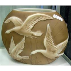 Phoenix Glass Vase, 9 1/2 Inches, Geese In Flight, Tan And White