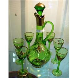 Vintage Green Glass With Gold Floral Design Decanter And 6 Stemmed Matching Goblets - Made In Romani