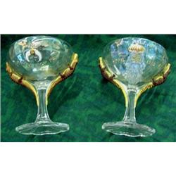 2 Shriner Champagne Glasses, Gold Alligators On Sides, Ca 1910, By U S Glass Co