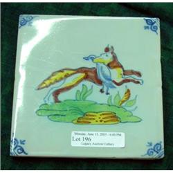English Trivet Depicting Fox With Goose, Blue Tint To Glaze, Possibly Liverpool