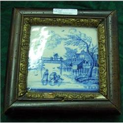 Framed Blue And White Oriental Style Tile, 19th Century