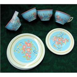 12 Pieces Ohio Art Metal Toy Dinnerware, Pink Flowers And Butterflies