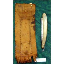 1900's Hand Made Native American Leather Razor Pouch With Wade And Butcher Razor