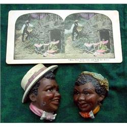Black Americana Stereopticon Card Plus Pair Of Hand Painted Clay Head Plaques