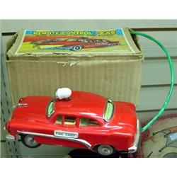 3 Tin Toy Vehicles; Remote Control Fire Chief Car With Box, Friction Rolls Royce And Jalopy