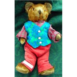 Vintage Stuffed Mohair Bear In Bright Vest, 13 1/2 Inches Tall