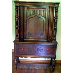Oak Continental Linen Fold China Cabinet With Drawer And Acorn Legs
