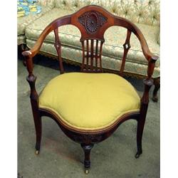 Victorian Mahogany Armchair With 5 Legs, Carved And Spindle Back, Upholstered Seat