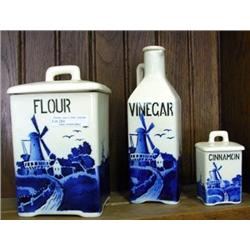 3 Pieces Blue And White Czech Porcelain - Cruet, Flour Canister And Cinnamon Jar