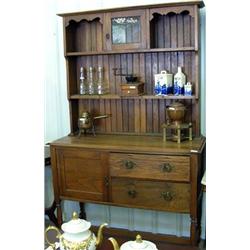 Oak Welsh Cabinet With Original Hardware And Leaded Glass Center Door