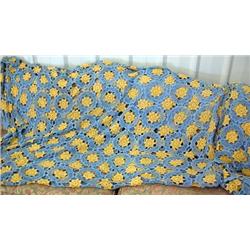Vintage Crocheted Throw, Yellow And Blue