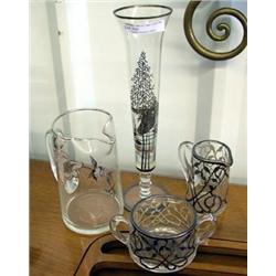 4 Pieces Silver Overlay - Creamer, Sugar, Vase And 5 1/2 Inch Pitcher
