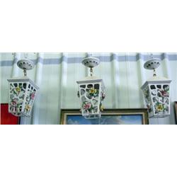 3 Capodimonte Hanging Light Fixtures, White Open Lace With Roses