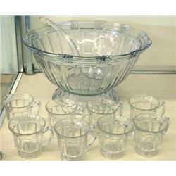 Old Pressed Glass Punchbowl With Glass Ladle And 8 Cups - Poss. Heisey
