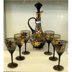 Vintage Smoke Glass With Gold Floral Design Decanter And 6 Stemmed Goblets