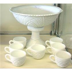 Milk Glass Punchbowl On Pedestal With 7 Matching Cups