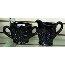 Large Black Glass Creamer And Sugar