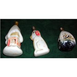 Vintage Xmas Bulbs; Japan Milk Glass Sleigh & Reindeer, Spotted Dog And Cottage