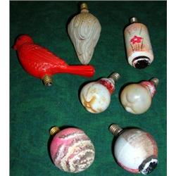 Vintage Xmas Bulbs; 2 Pears, 2 Lanterns, Yellow Bulb, Pink Bulb And Red Plastic Bird