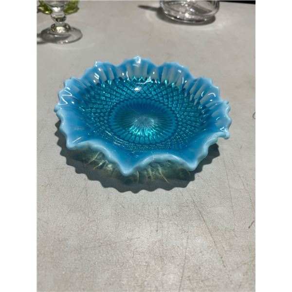 Vintage Blue Opalescent Glass Ruffled Bowl Dish