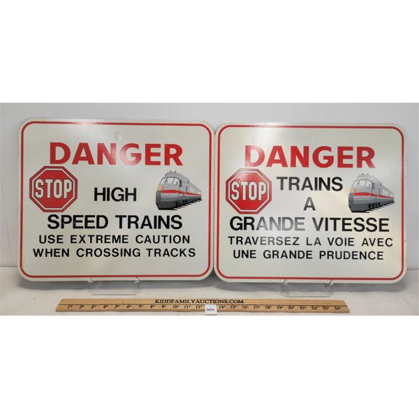 LOT OF 2 - DANGER HIGH SPEED TRAINS SIGNS - FRENCH & ENGLISH