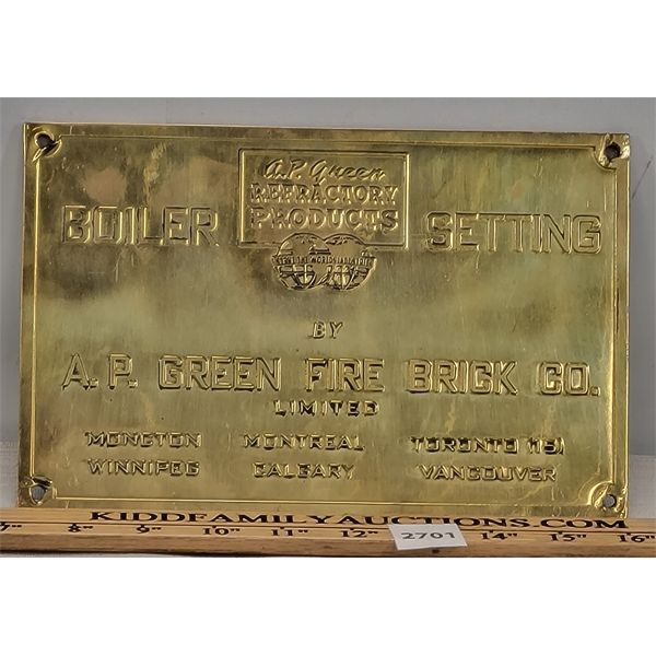 A.P. GREEN FIRE BRICK CO. BRASS PLAQUE