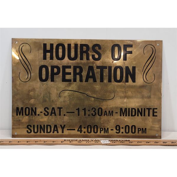 HOURS OF OPERATION BRASS SIGN