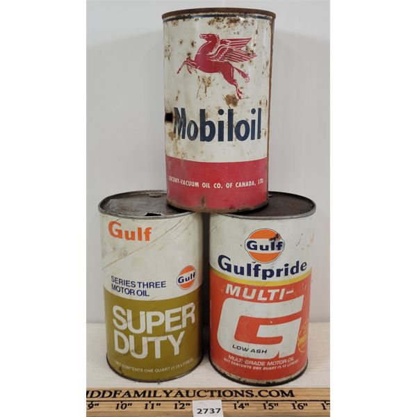 LOT OF 3 - MOBIL & GULF 1 QT MOTOR OIL CANS