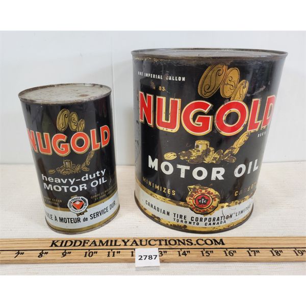 LOT OF 2 - NUGOLD MOTOR OIL CAN - 1 GAL, 1 QT