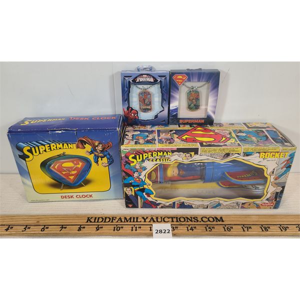 LOT OF 4 - SUPERMAN CLASSIC ROCKET - DESK CLOCK & SPIDERMAN KEYCHAIN 