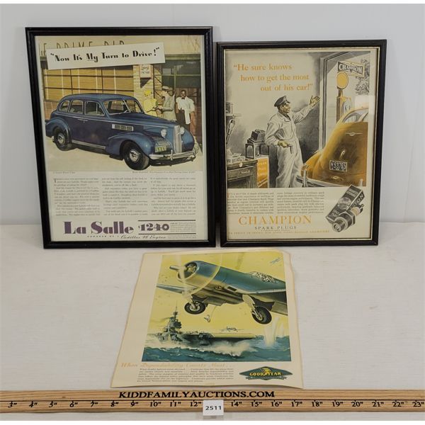 LOT OF 3 - PAPER ADVERTISEMENTS - INCL GOODYEAR, CHAMPION & LA SALLE