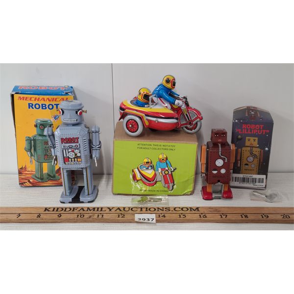 LOT OF 3 - WIND UP TIN TOYS - INCL MECHANICAL ROBOTS - REPRO 