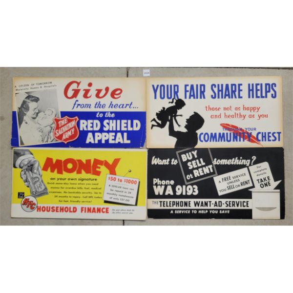 LOT OF 4 - ADVERTISING BOARDS - INCL SALVATION ARMY, COMMUNITY CHEST ETC.