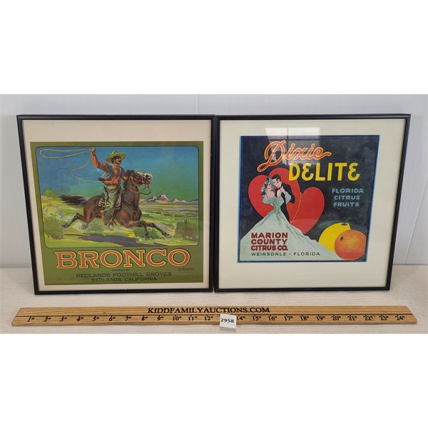 LOT OF 2 - FRAMED ADVERTISEMENTS - INCL BRONCO & DIXIE DELITE