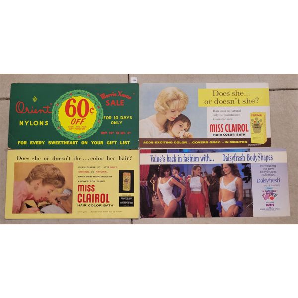 LOT OF 4 - ADVERTISING BOARDS - INCL MISS CLAIROL, ORIENT NYLONS ETC.