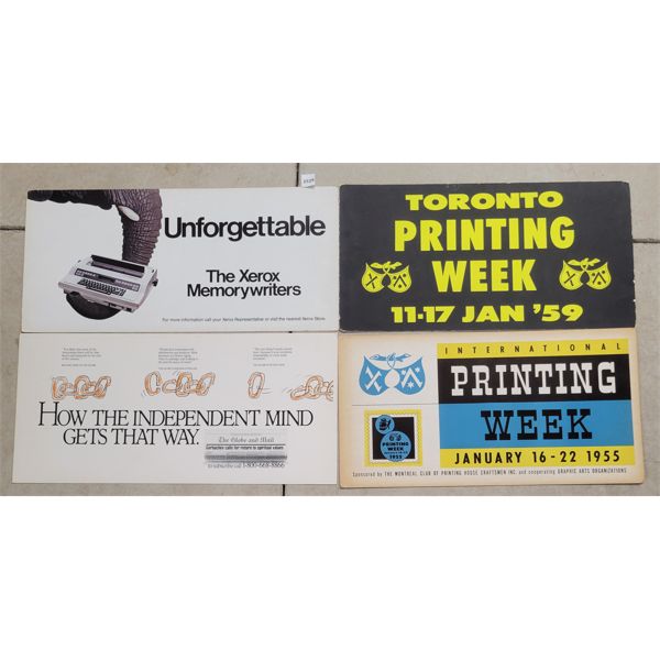 LOT OF 4 - ADVERTISING BOARDS - INCL TORONTO PRINTING WEEK, XEROX MEMORYWRITERS ETC,