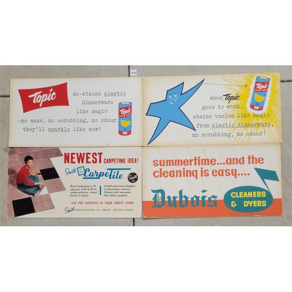 LOT OF 4 - ADVERTISING BOARDS - INCL TOPIC STAIN REMOVER, DUBOIS CLEANERS ETC.