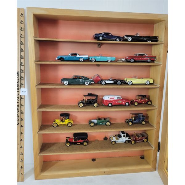 WOODEN & GLASS MODEL CAR DISPLAY W/ CARS