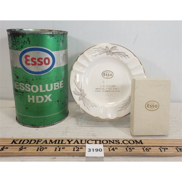 LOT OF 3 - ESSO COLLECTIBLES - INCL ASHTRAY, ESSOLUBE OIL CAN & PLAYING CARDS