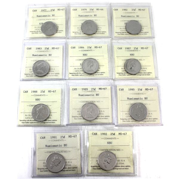 25-cent 1979 MS66, 1977, 1982, 1983, 1984, 1987, 1988, 1989, 1990, 1991, 1992 MS67 All NBU ICCS